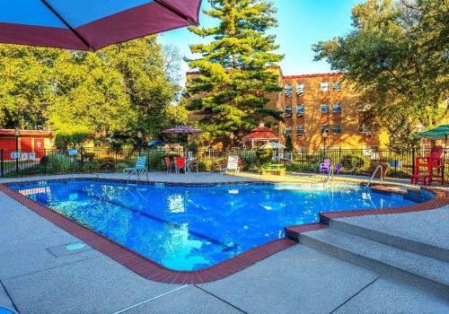 Outdoor pool with lounge chairs and umbrellas at 布罗姆利家 apartments for rent